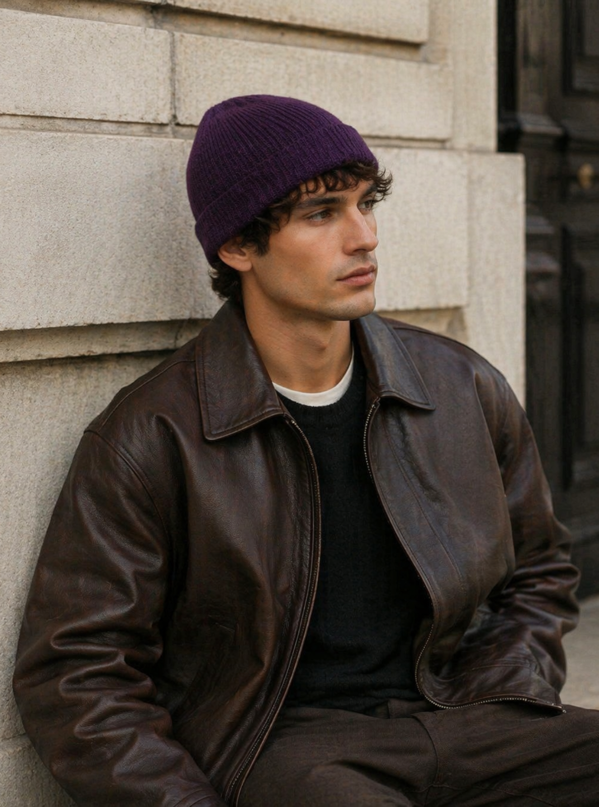 Man wearing a purple beanie and brown leather jacket sitting against a stone wall.