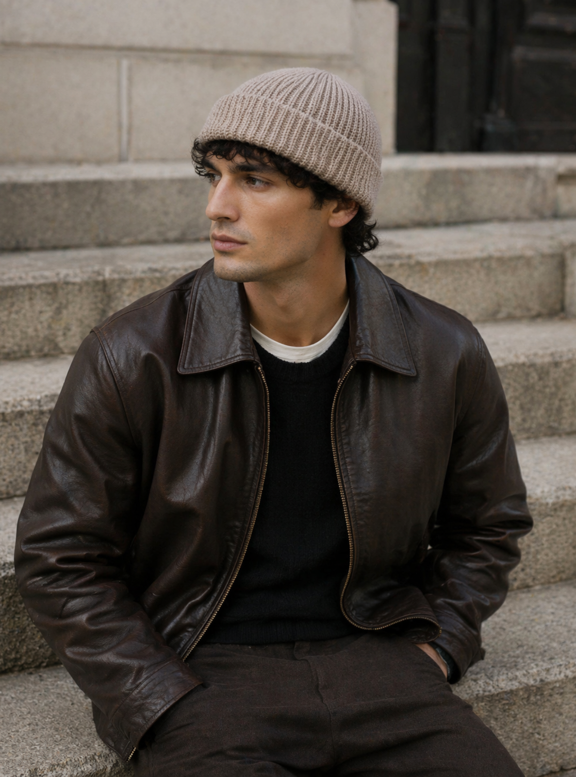 Man wearing a brown leather jacket and knit beanie sitting on stone steps.