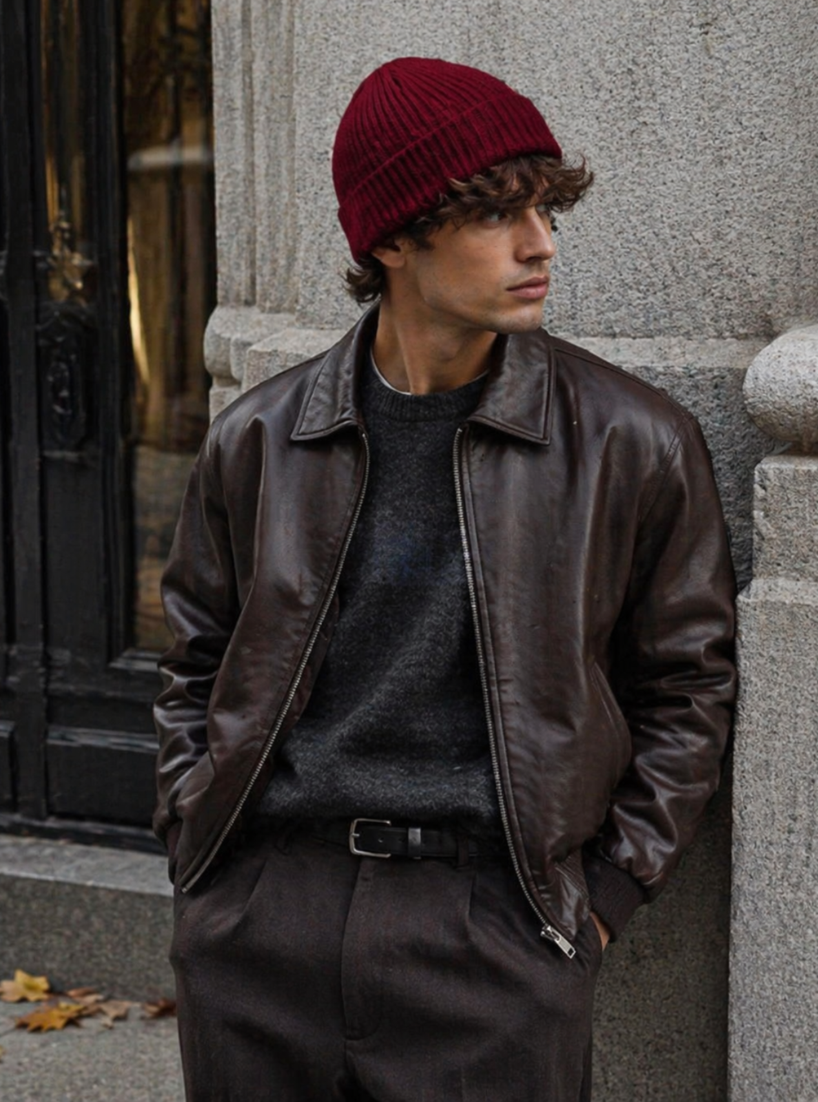 Man wearing a red beanie and brown leather jacket leaning against a stone wall.