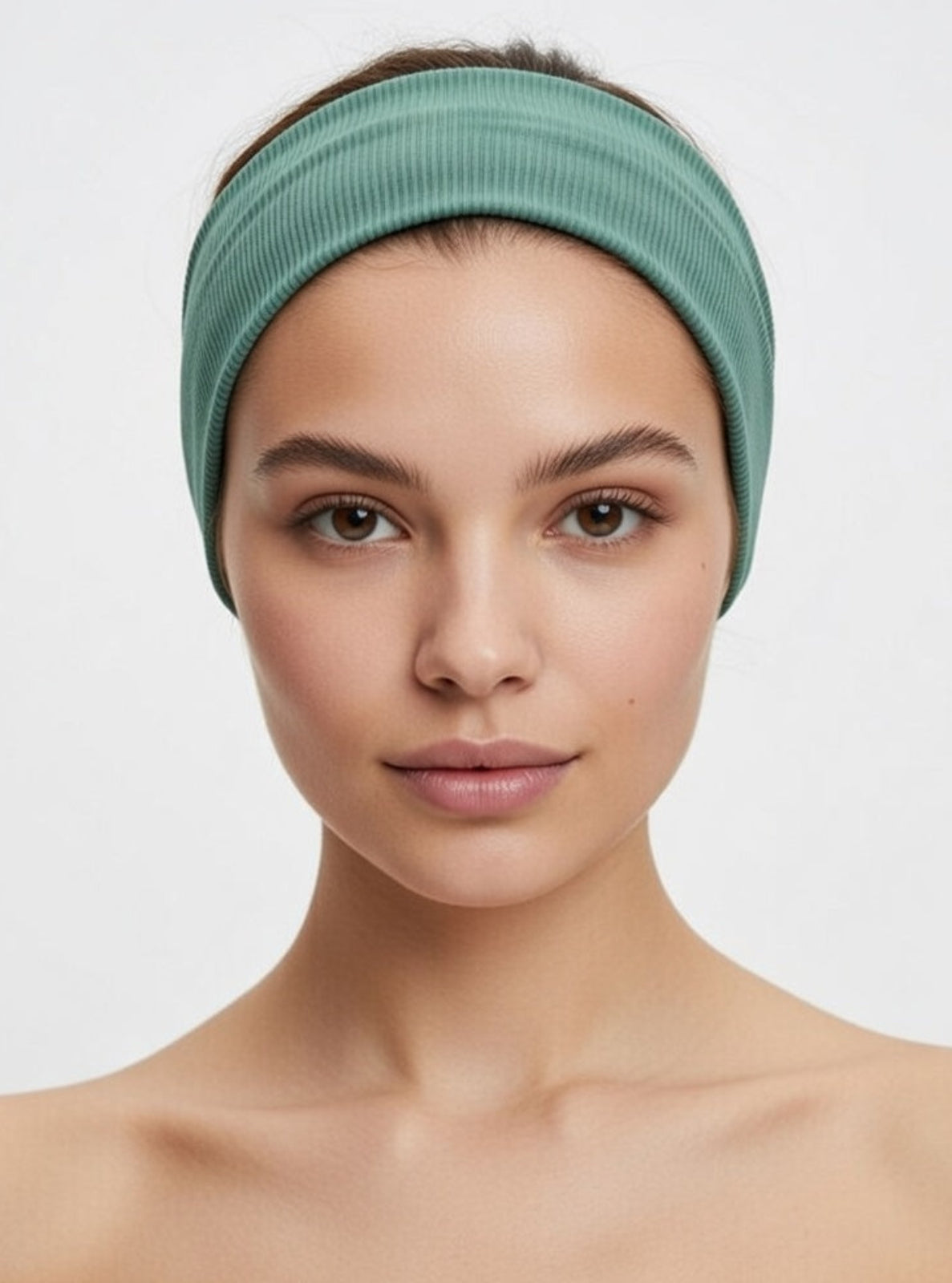 Woman wearing a green headband against a plain background