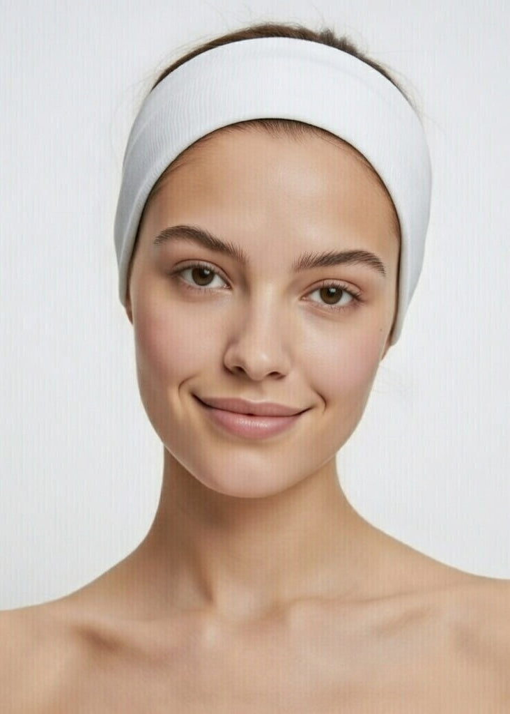 Woman wearing a white headband against a plain background