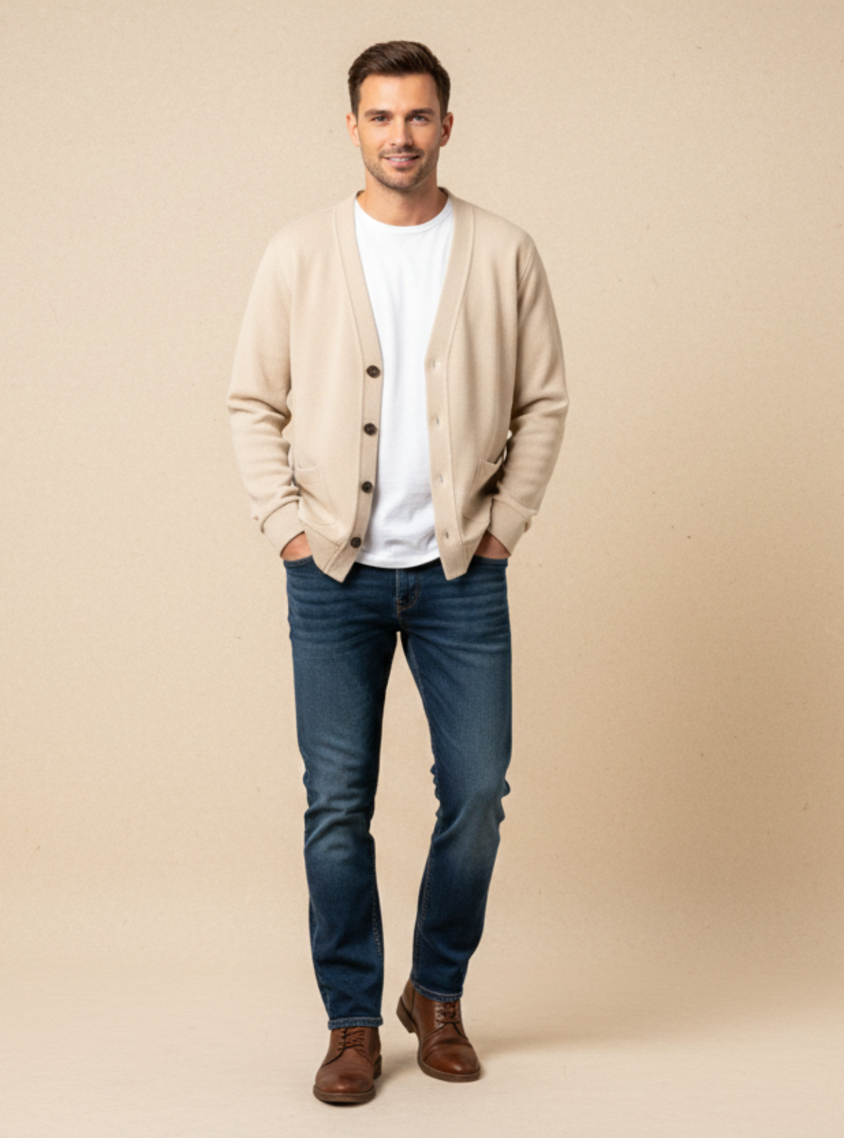 Man wearing a beige cardigan, white shirt, blue jeans, and brown shoes on a beige background