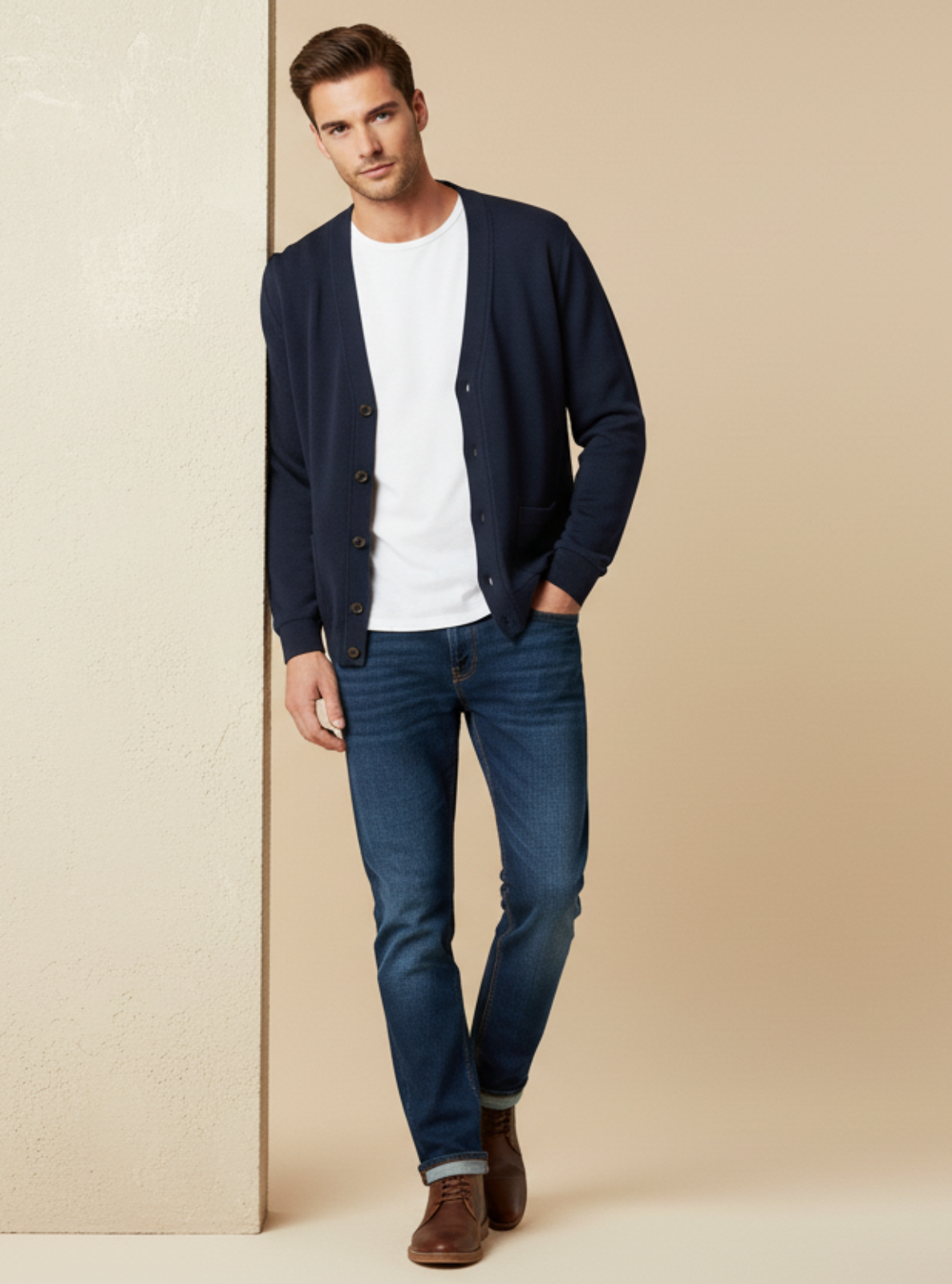 Man wearing a navy cardigan, white shirt, and blue jeans against a beige background