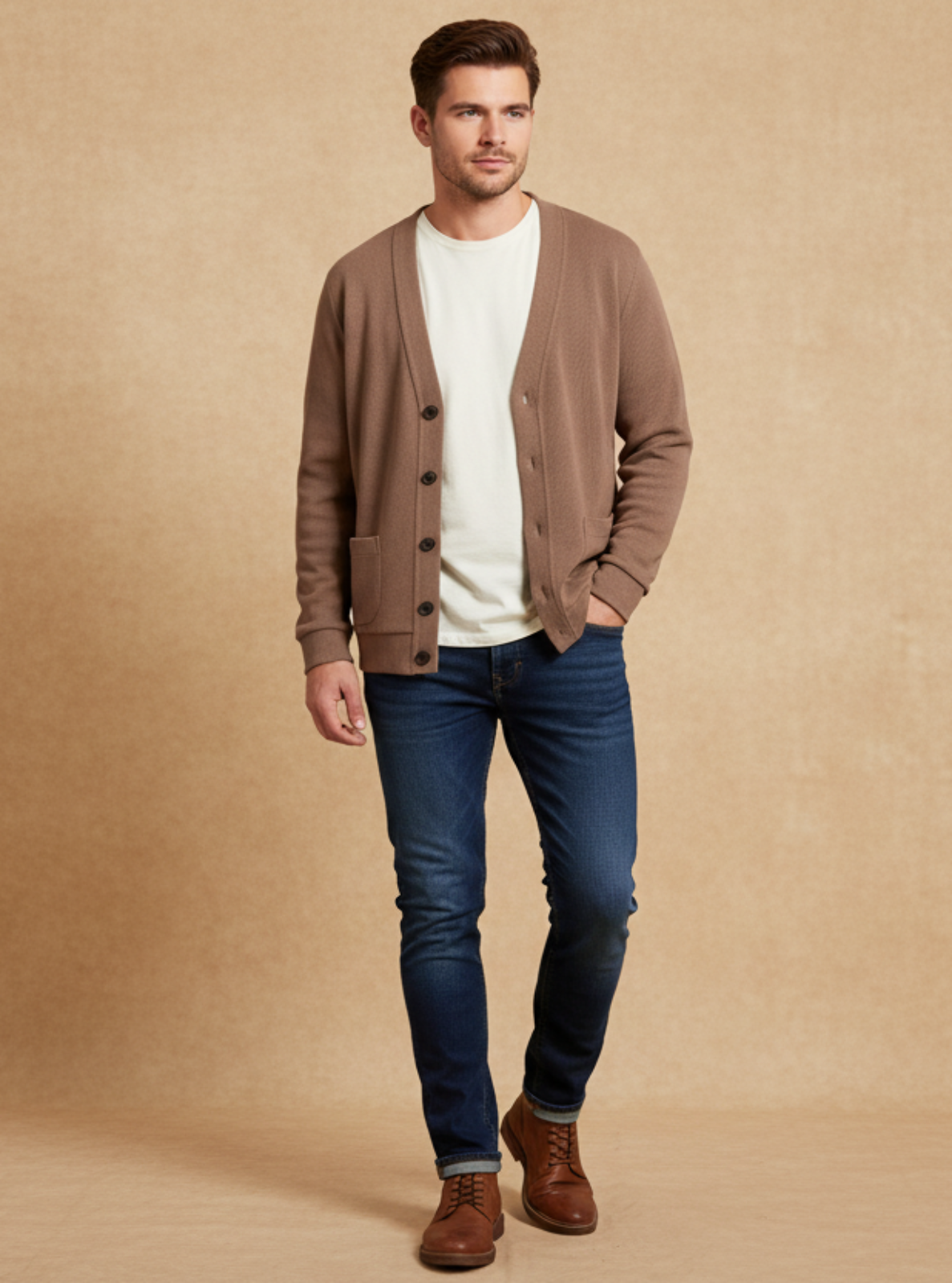Man wearing a brown cardigan, white shirt, blue jeans, and brown boots against a beige background