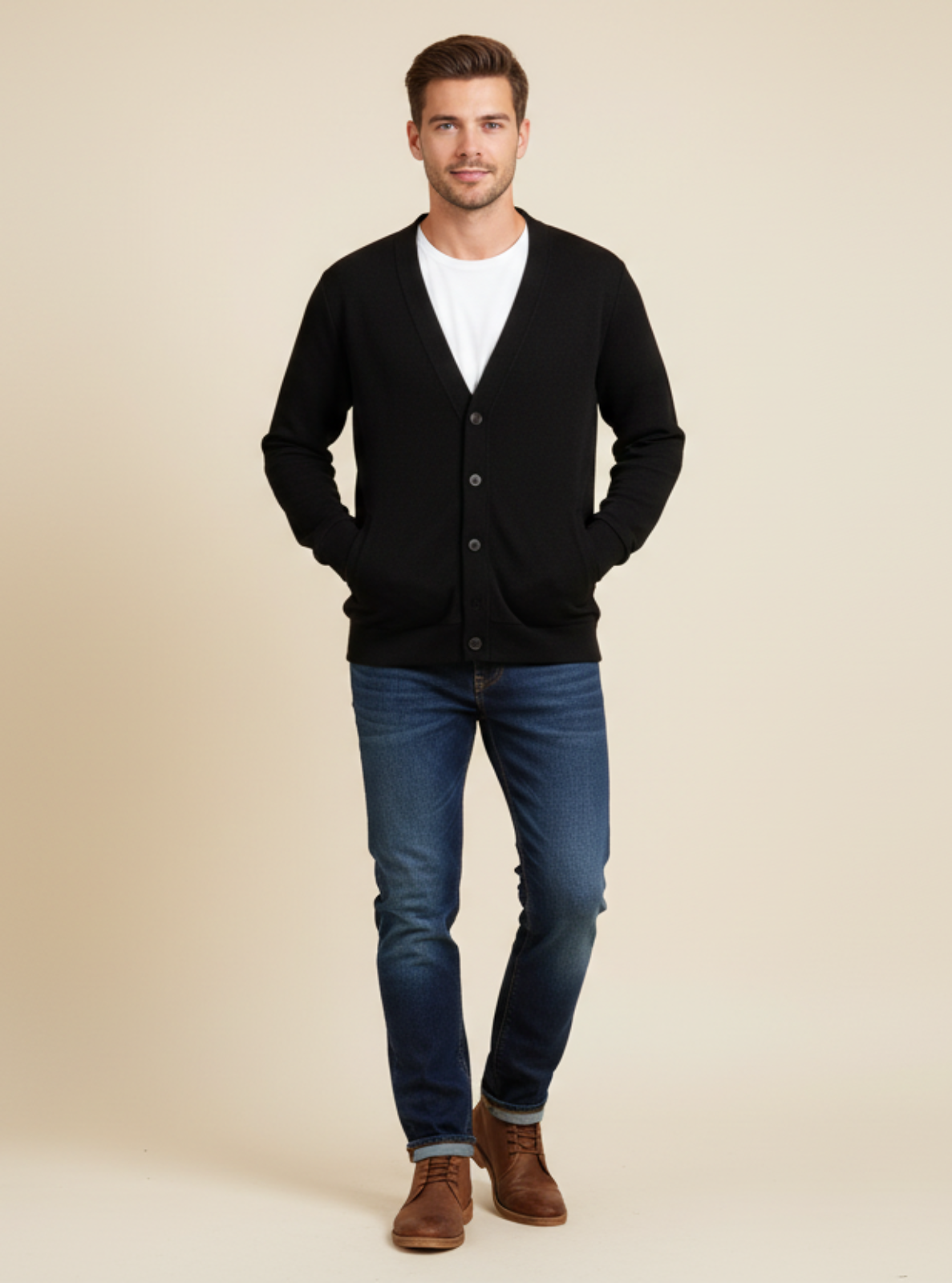 Man wearing a black cardigan, white shirt, blue jeans, and brown boots on a beige background