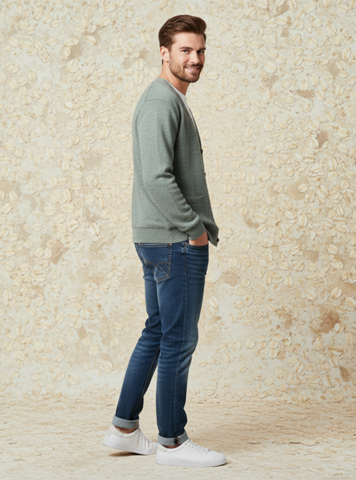 Man wearing a green sweater and blue jeans standing against a textured beige wall.