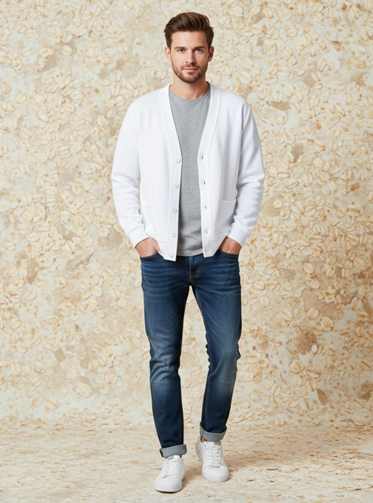 Man wearing a white cardigan, gray shirt, blue jeans, and white sneakers against a beige wall.