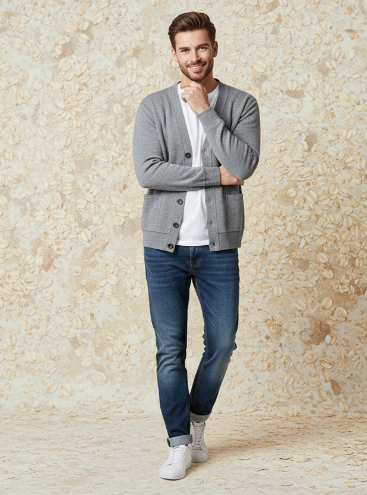 Man wearing a gray cardigan, white shirt, and blue jeans standing against a textured beige wall.