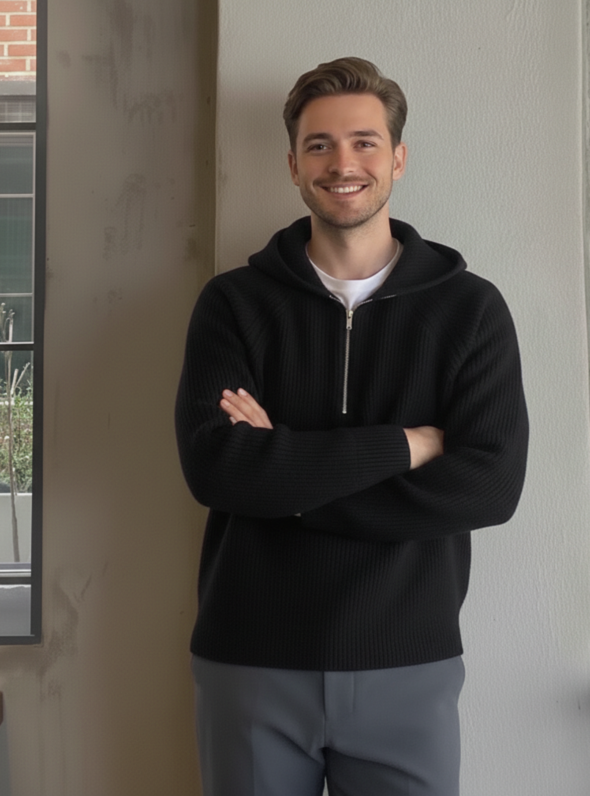 Man wearing a black hoodie standing indoors with a neutral background
