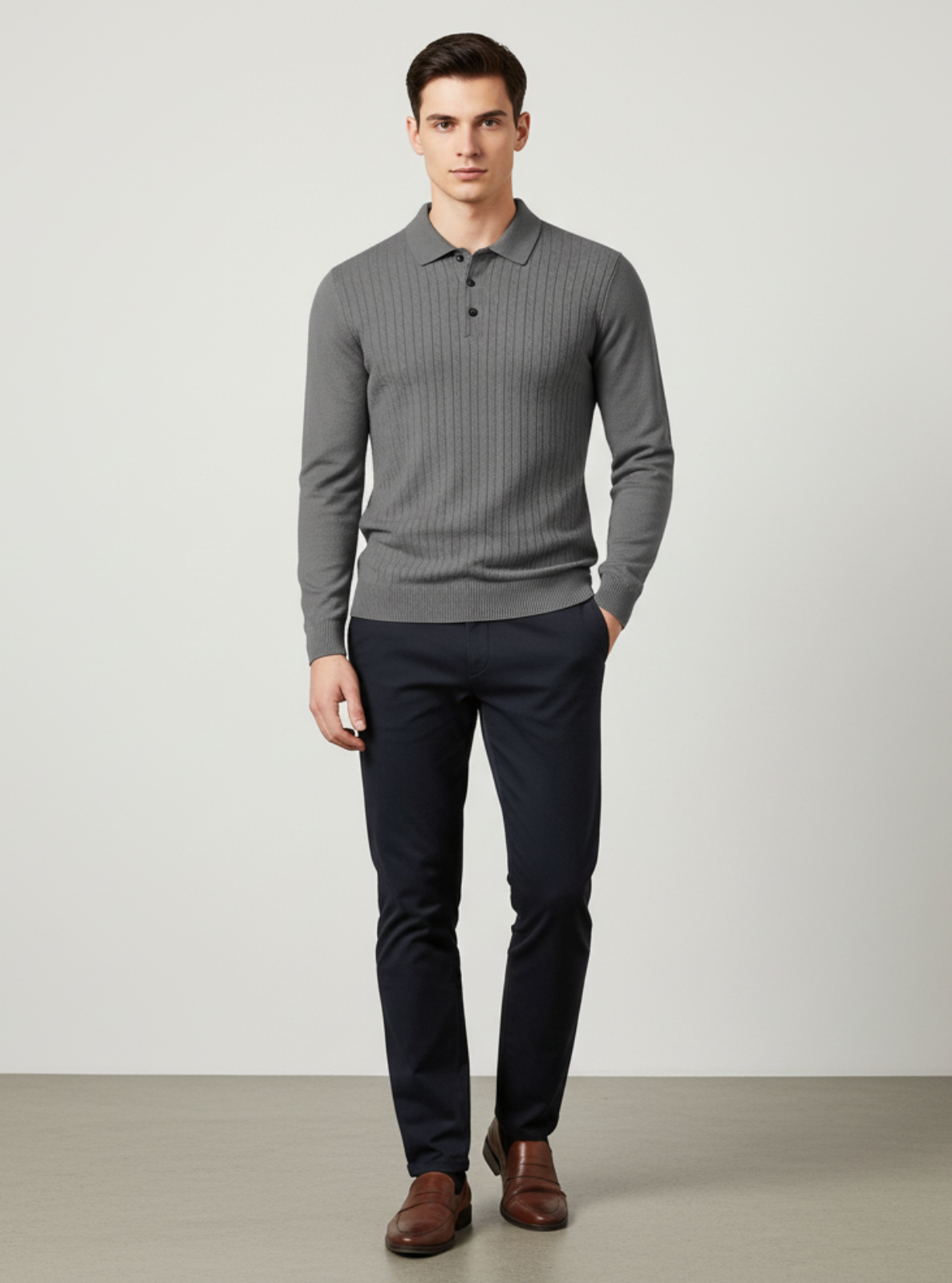 Man wearing a gray ribbed sweater and dark pants on a plain background