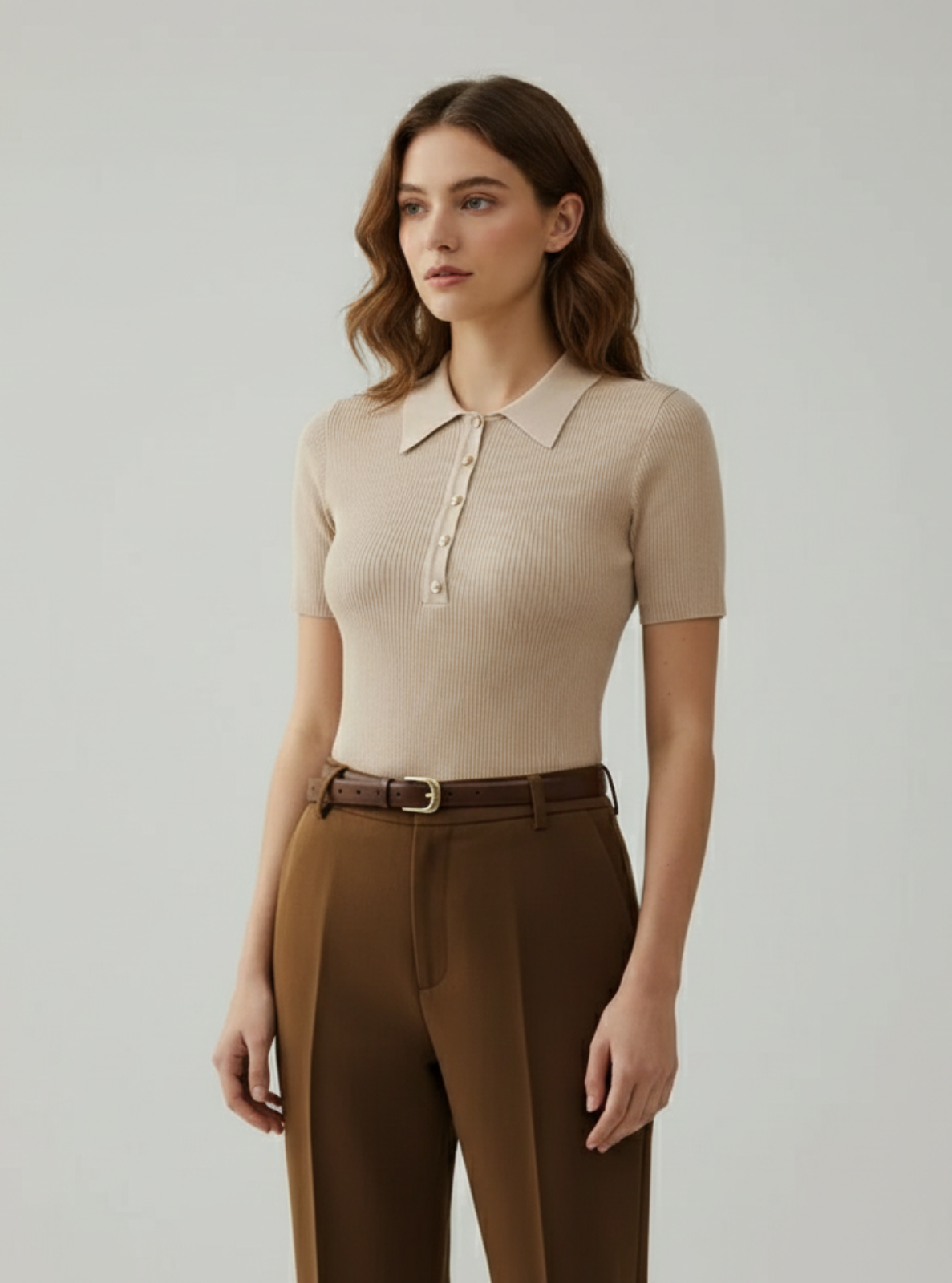 Woman wearing a beige ribbed knit polo shirt and brown pants on a light gray background