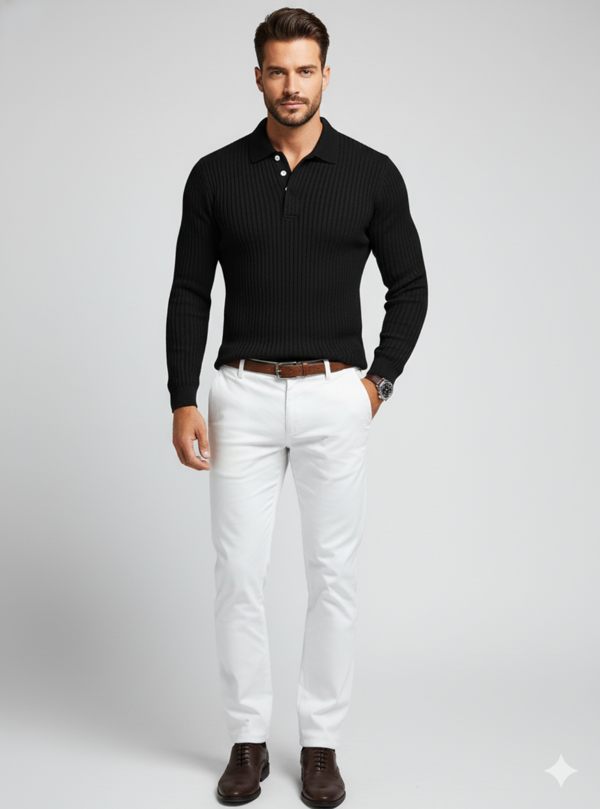 Man wearing a black sweater, white pants, and brown shoes on a gray background