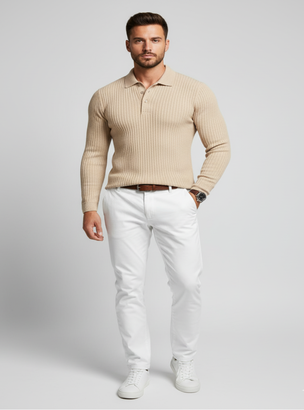 Man wearing a beige ribbed sweater and white pants on a light gray background