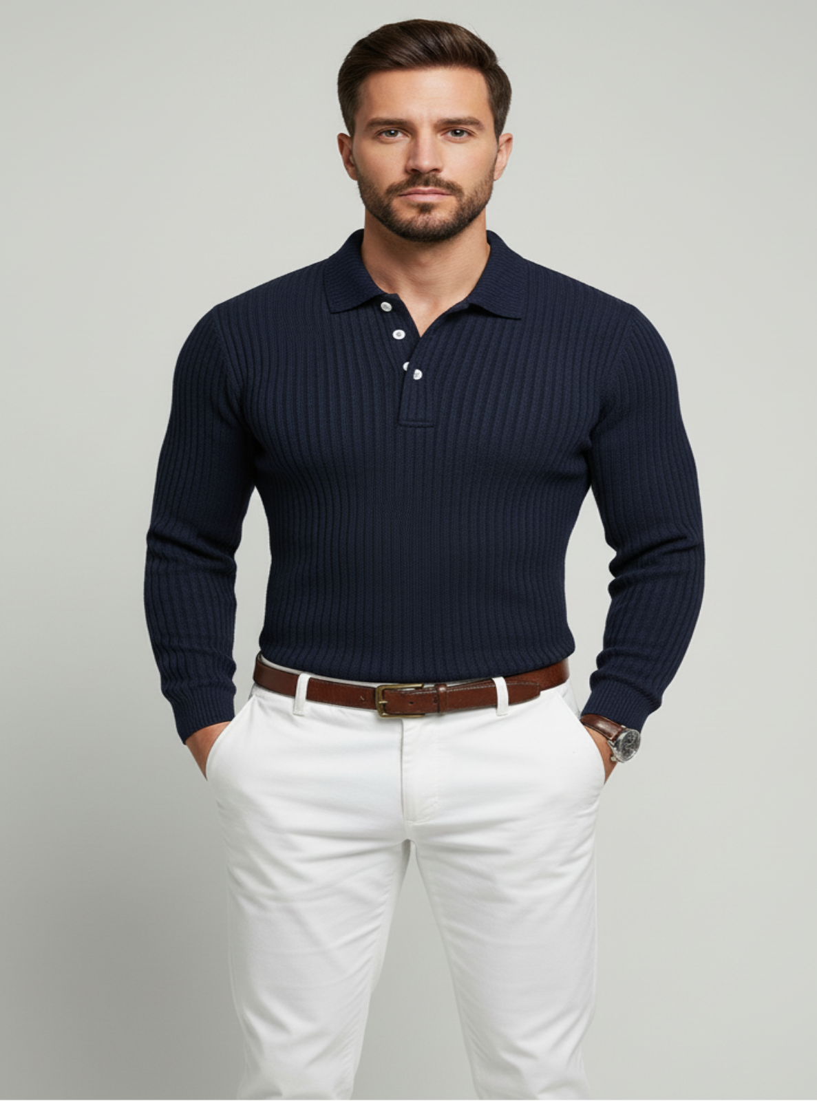 Man wearing a navy sweater over a white shirt with white pants on a gray background