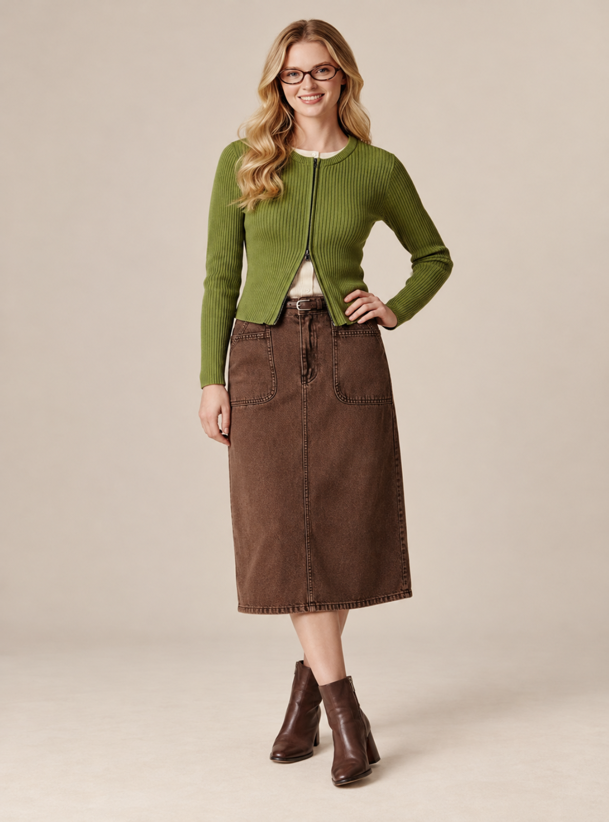A woman modeling a green ribbed knit cropped cardigan over a white top, paired with a brown midi skirt and brown ankle boots, against a solid beige studio background.