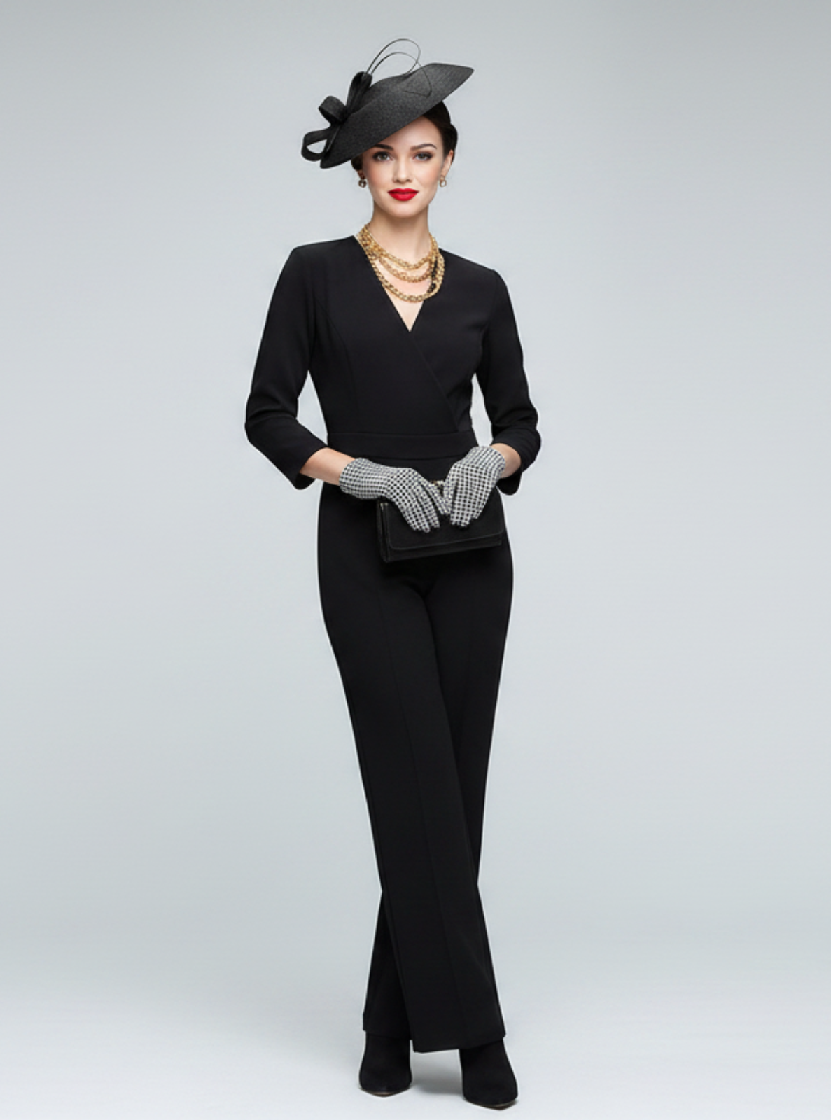 Woman in a black formal outfit with a hat on a gray background