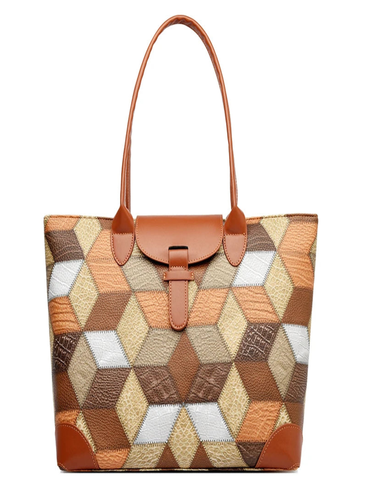 Patchwork handbag with geometric pattern and brown handle on a white background