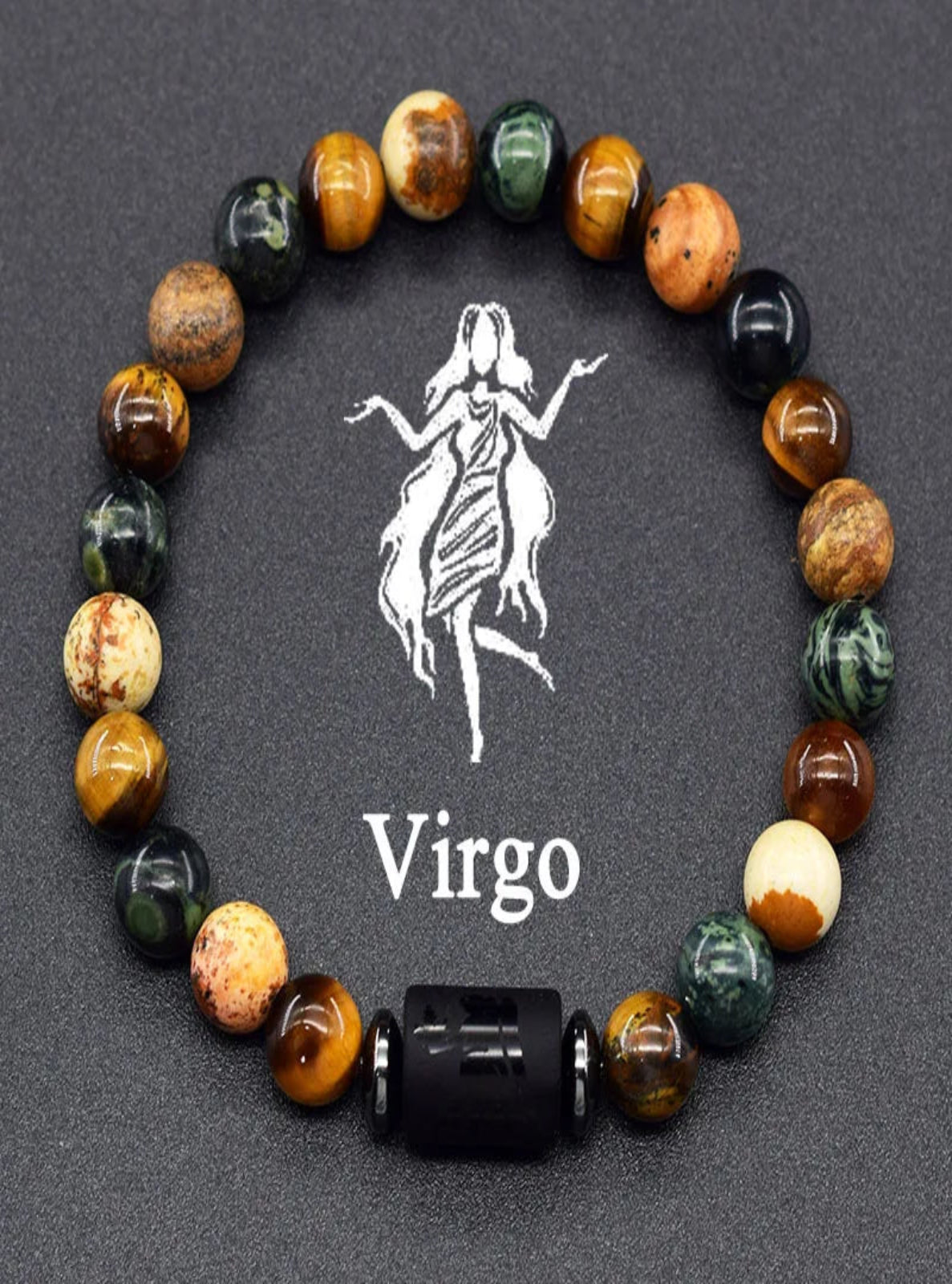 Multicolored beaded bracelet with Virgo zodiac symbol on a dark background