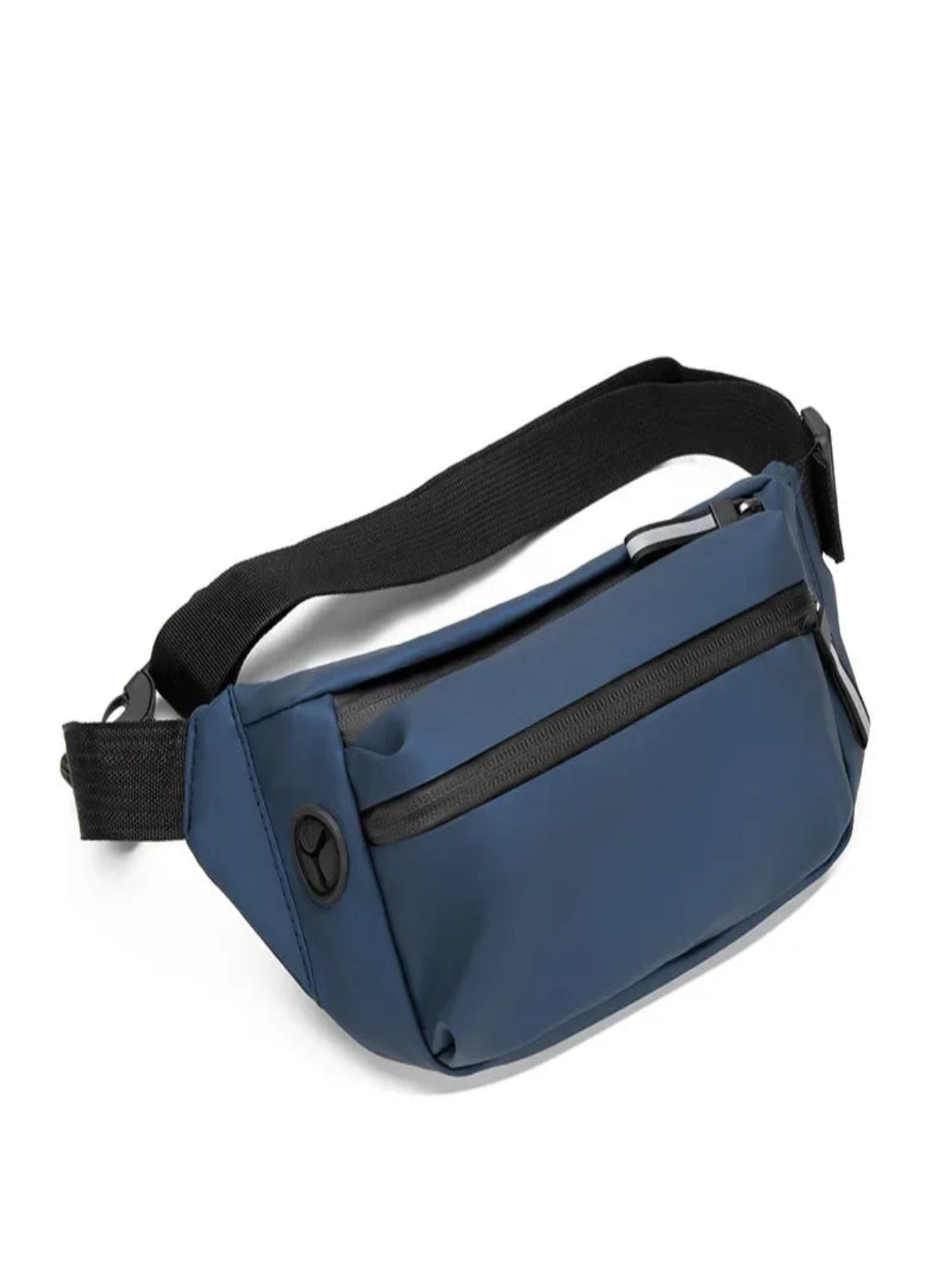 Blue crossbody bag with a black strap on a white background