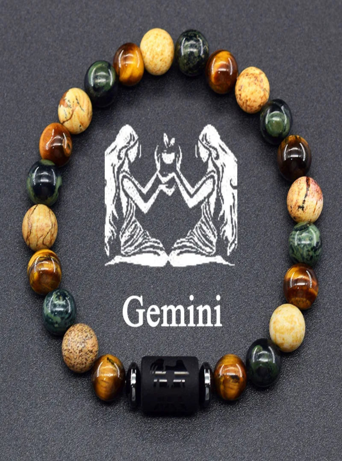 Multicolored beaded bracelet with a Gemini zodiac symbol on a dark background