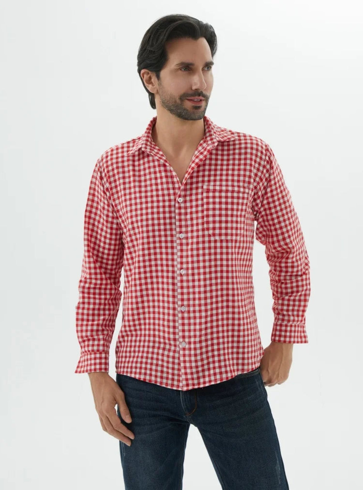 Man wearing a red and white checkered shirt on a white background
