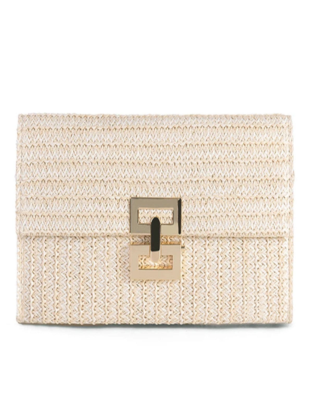 Woven clutch bag with a metallic clasp on a white background