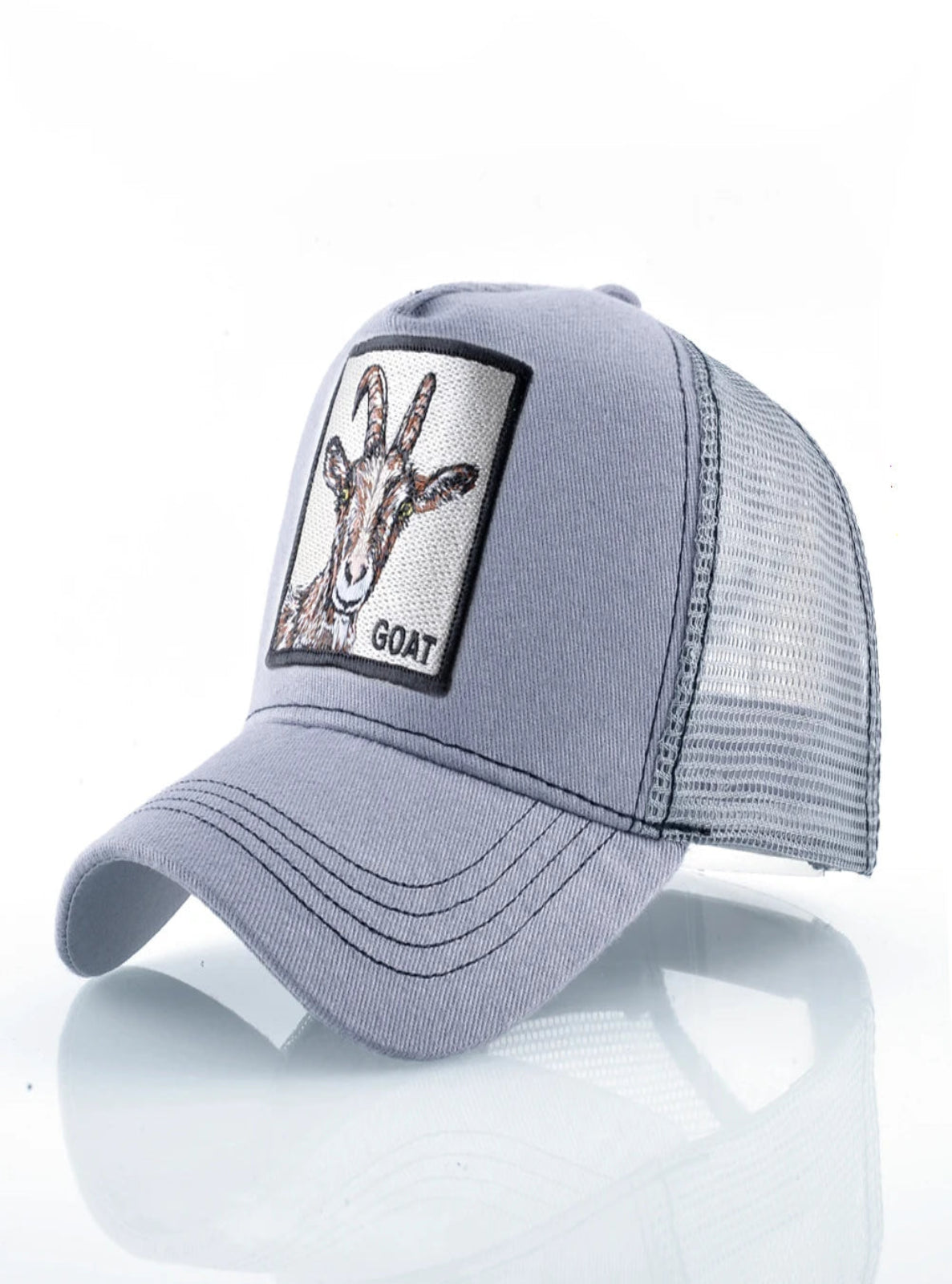 Gray cap with a patch of a goat and the word 'GOAT' on a white background