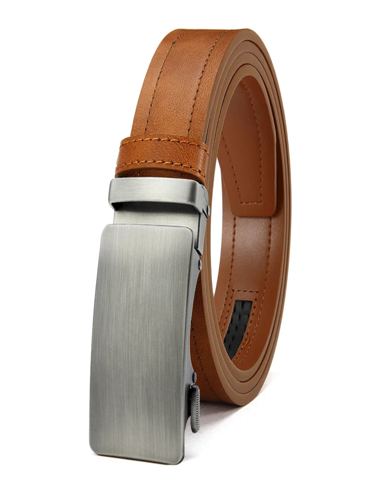 Brown leather belt with a silver buckle on a white background