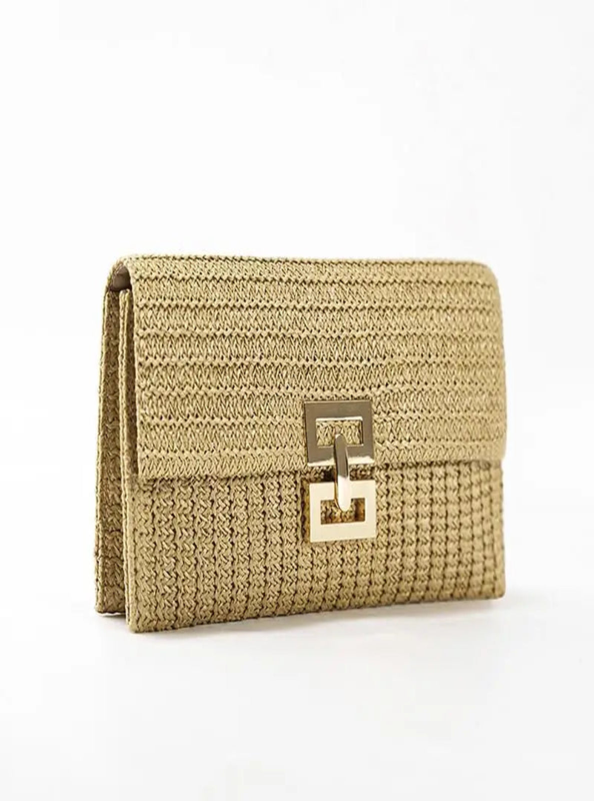Beige woven clutch bag with a gold clasp on a white background