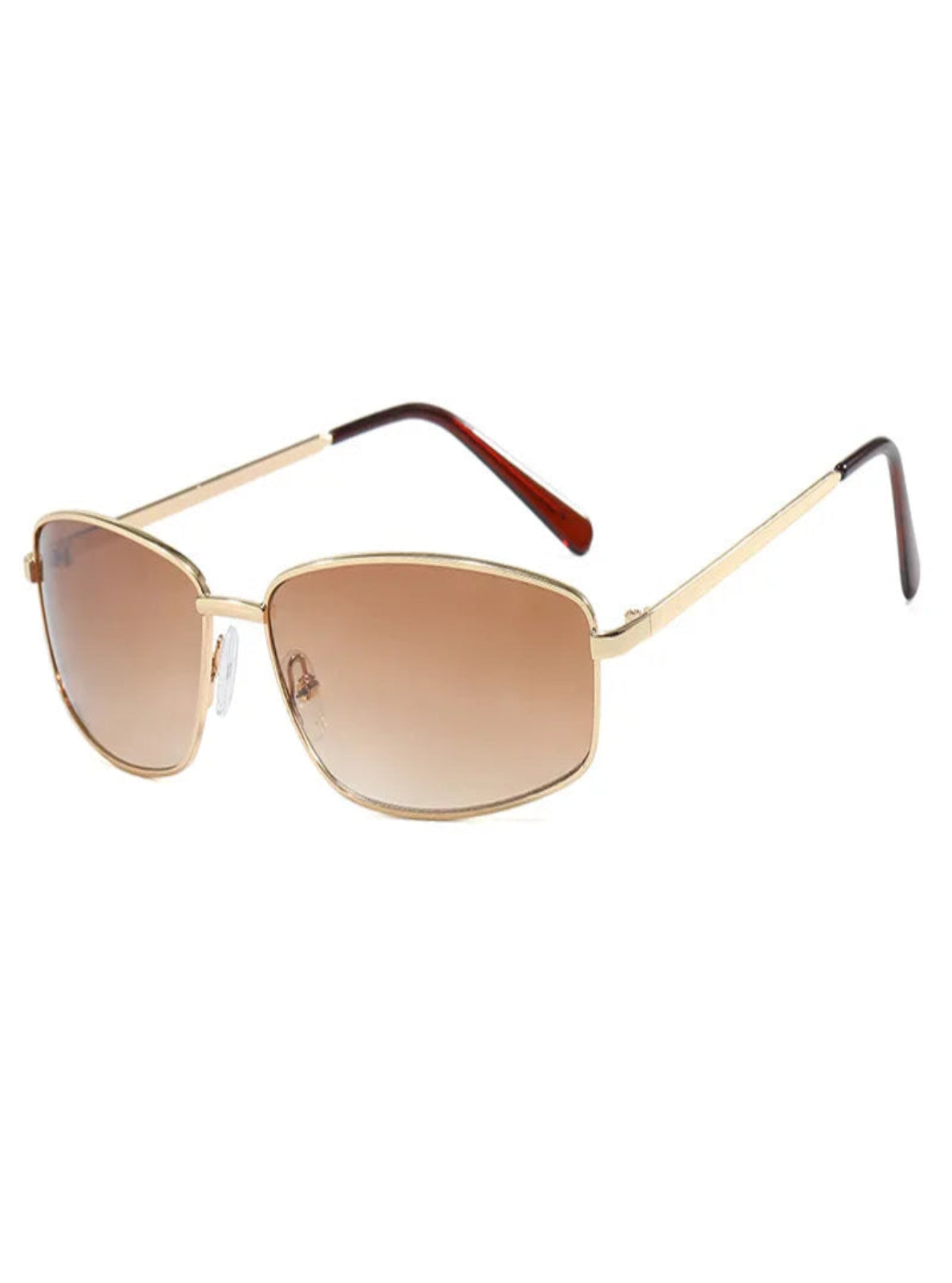 Gold-framed sunglasses with brown gradient lenses on a white background