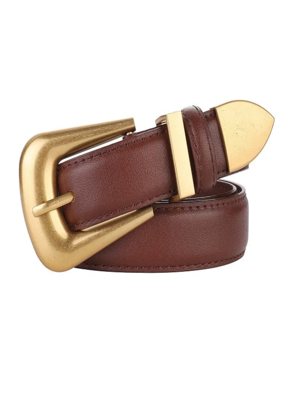 Brown leather belt with a gold buckle on a white background