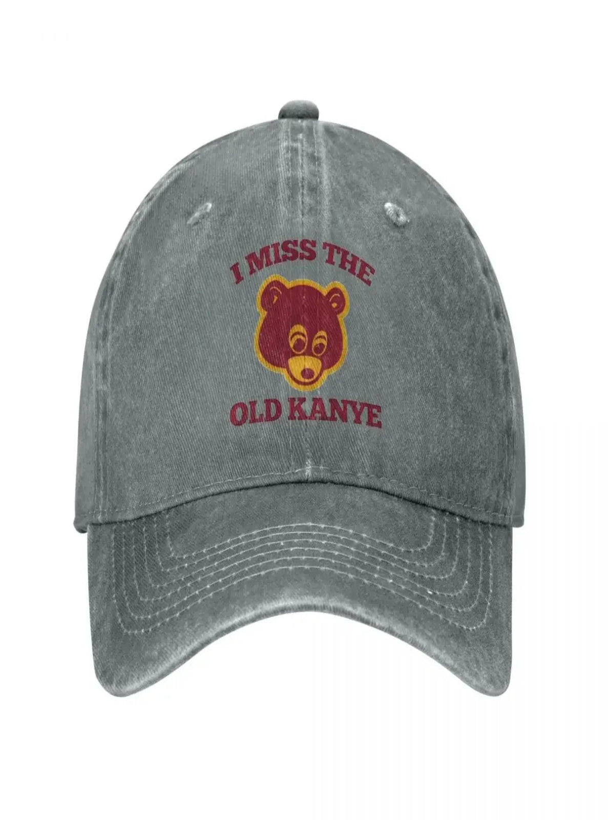 Gray cap with a bear graphic and text on a white background