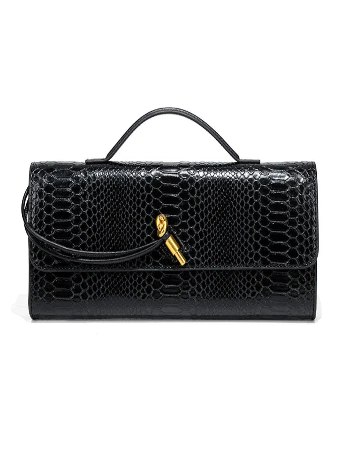 Black clutch bag with snake skin pattern and gold clasp on a white background