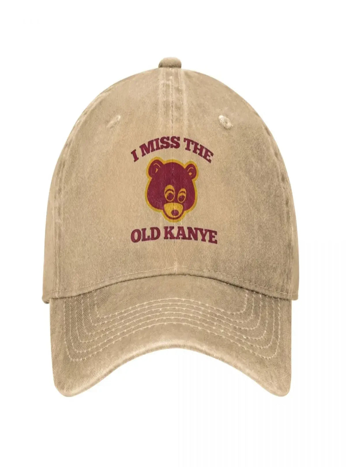 Beige cap with 'I Miss the Old Kanye' text and bear graphic on a white background