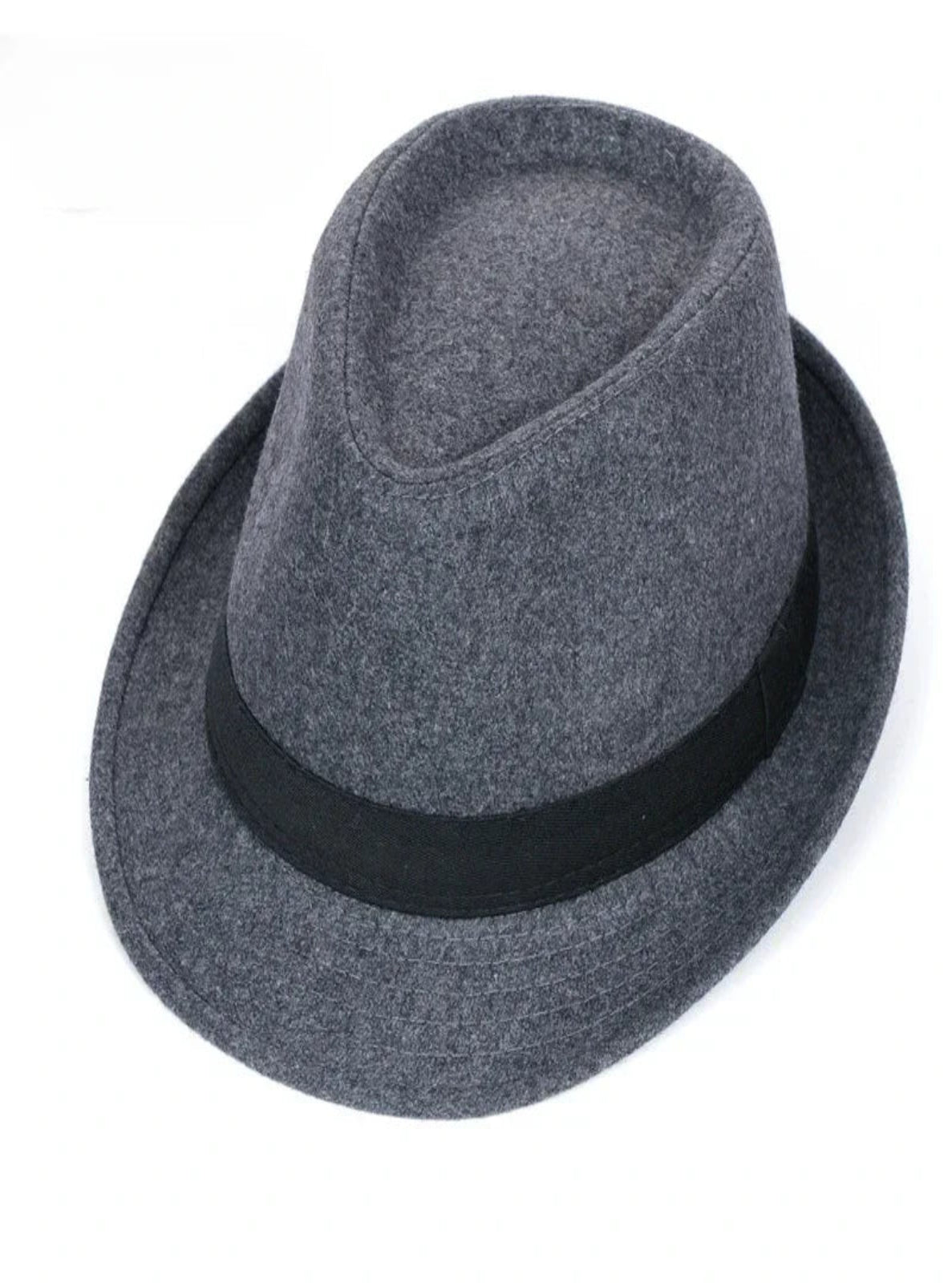 Gray fedora hat with a black band on a white background