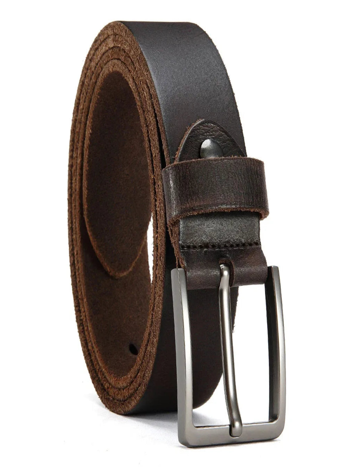 Brown leather belt with silver buckle on a white background