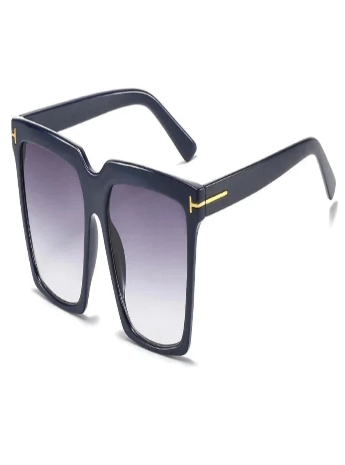 Sunglasses with dark blue frame and gradient lenses on a white background