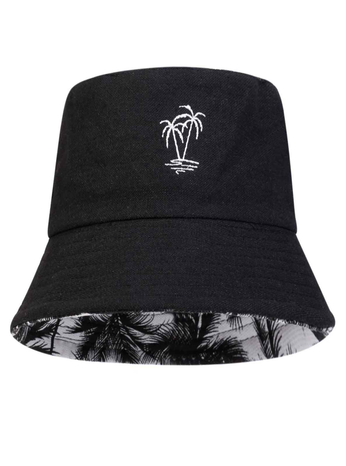 Black bucket hat with palm tree design on a white background
