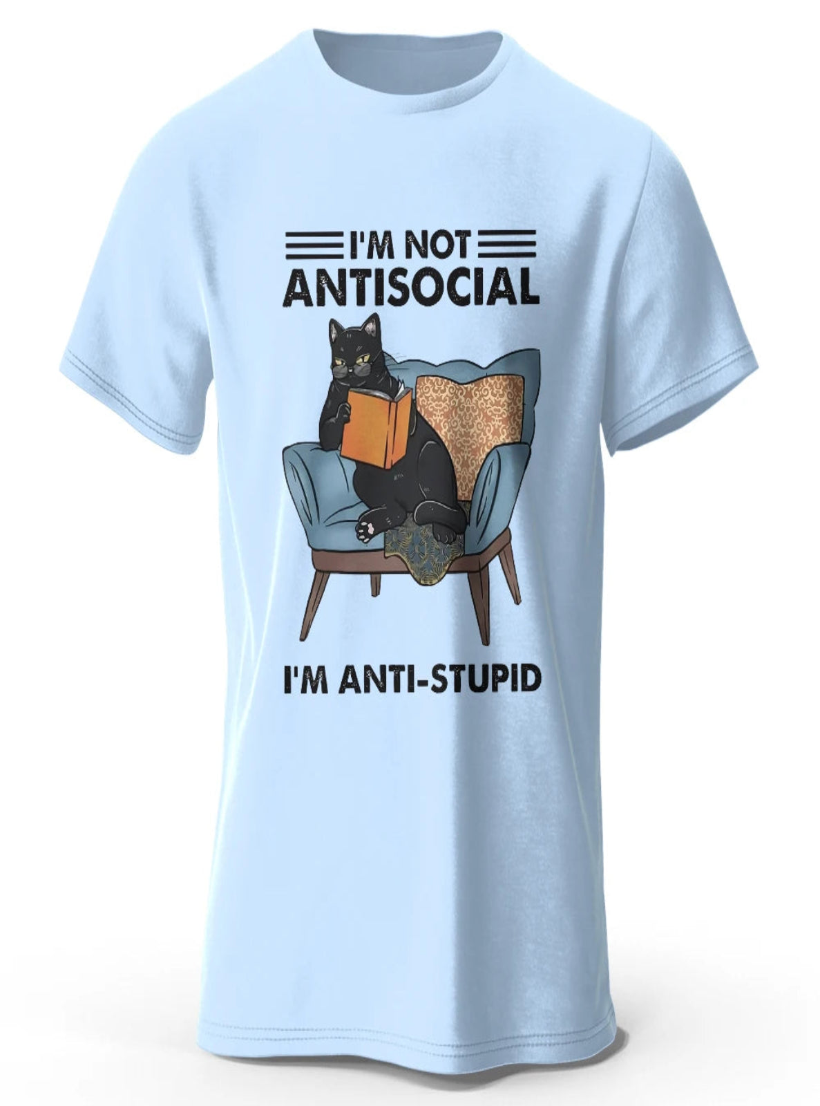 Light blue t-shirt with a graphic of a cat reading a book and text on a white background