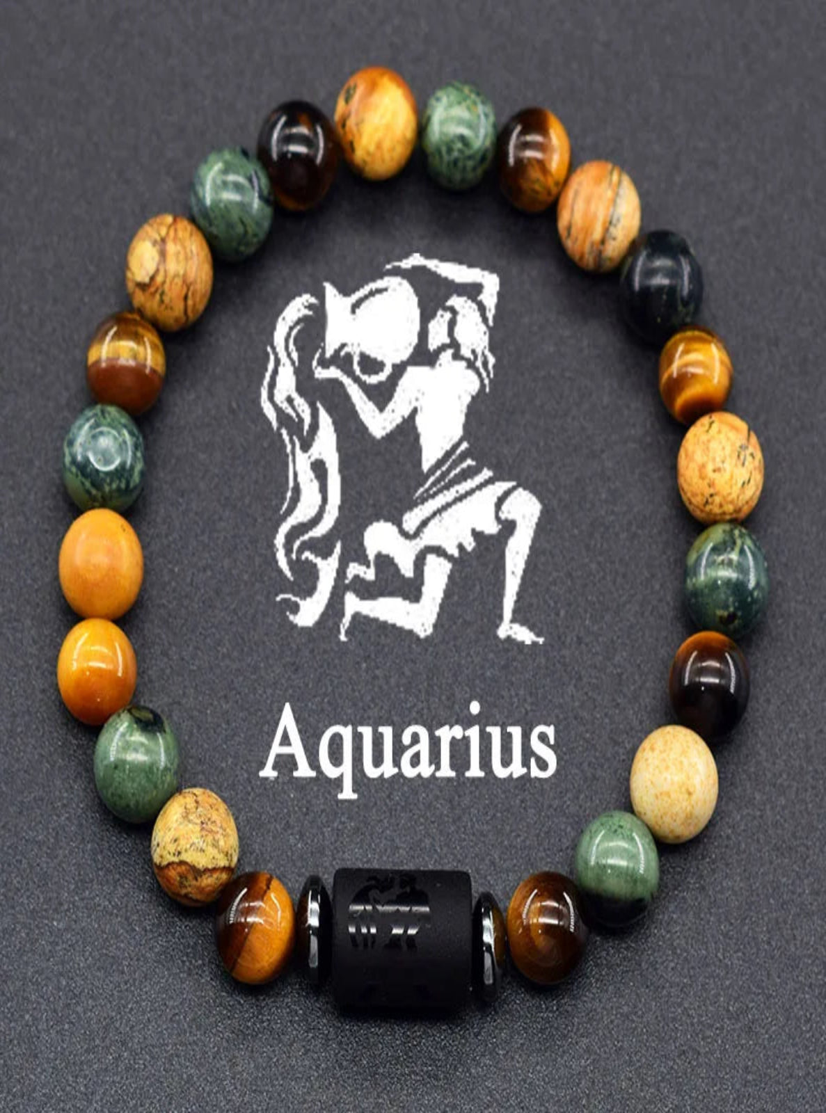 Multicolored beaded bracelet with Aquarius zodiac symbol on a dark background