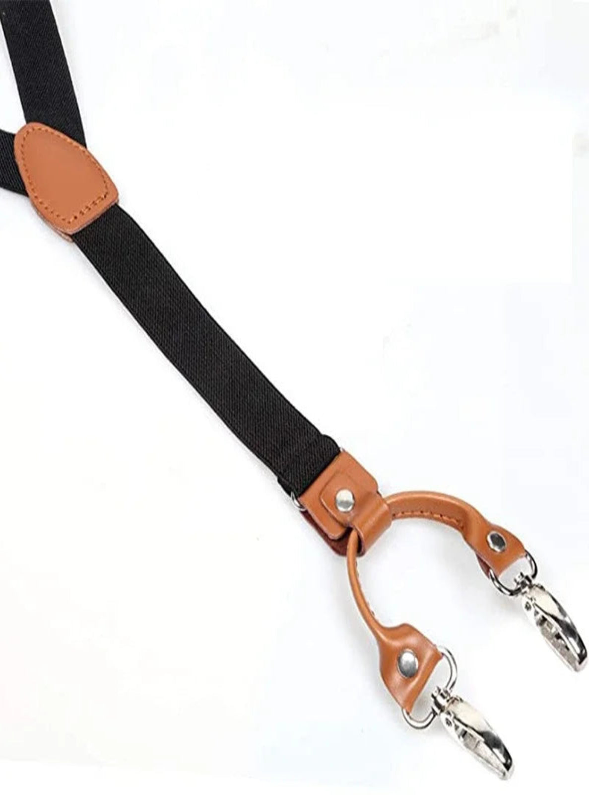 Black suspenders with brown leather on a white background