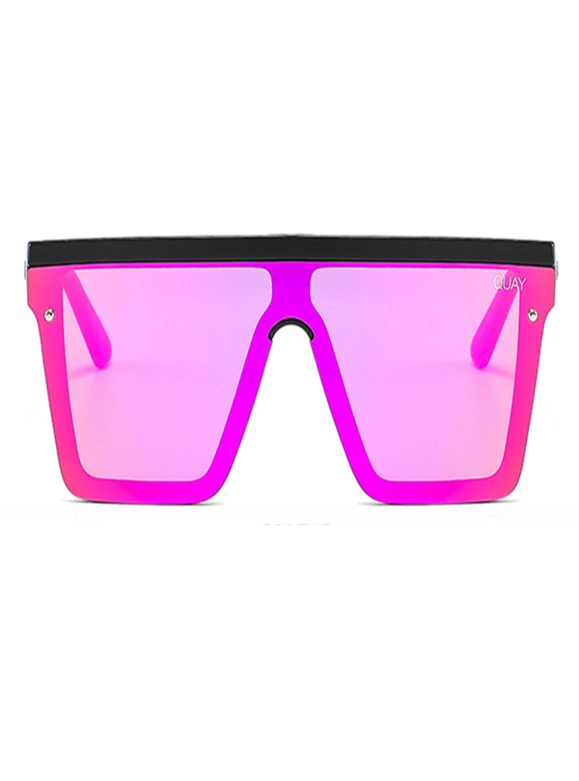 Sunglasses with pink lenses and black frame on a white background