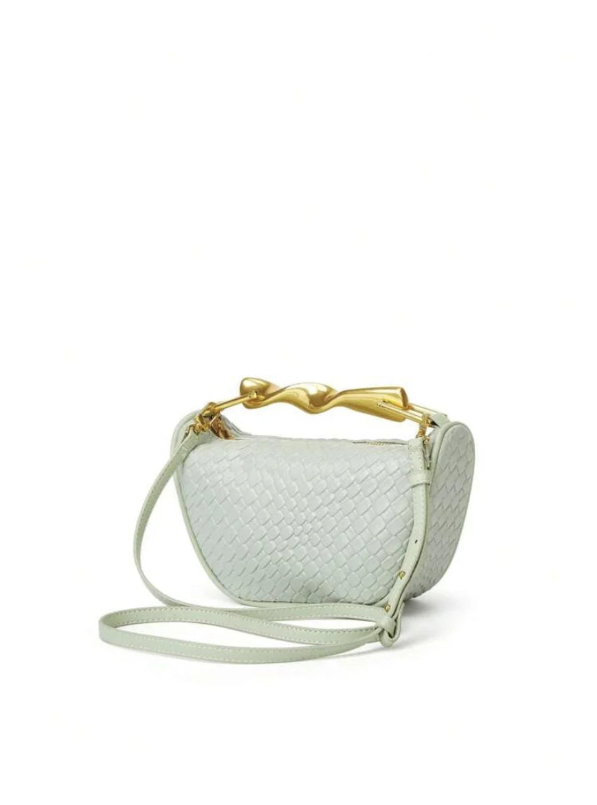 Light green handbag with gold handle on a white background