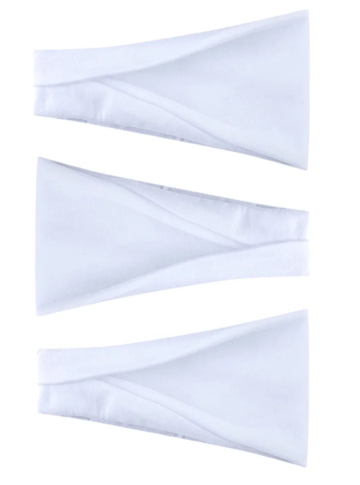 Three white headbands arranged in a staggered pattern on a white background