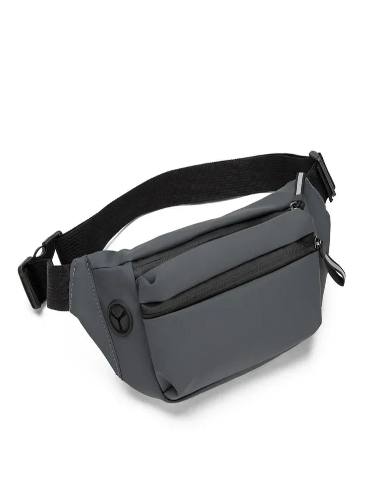 Grey crossbody bag with a black strap on a white background
