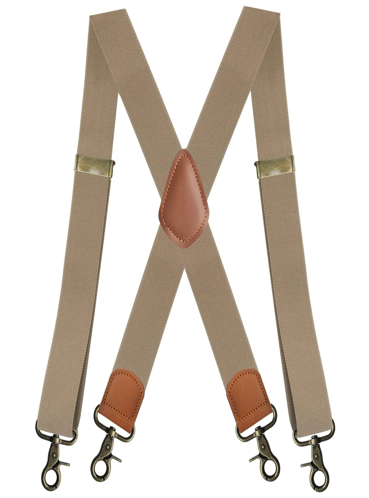 Beige suspenders with brown leather straps and gold metal clips on a white background