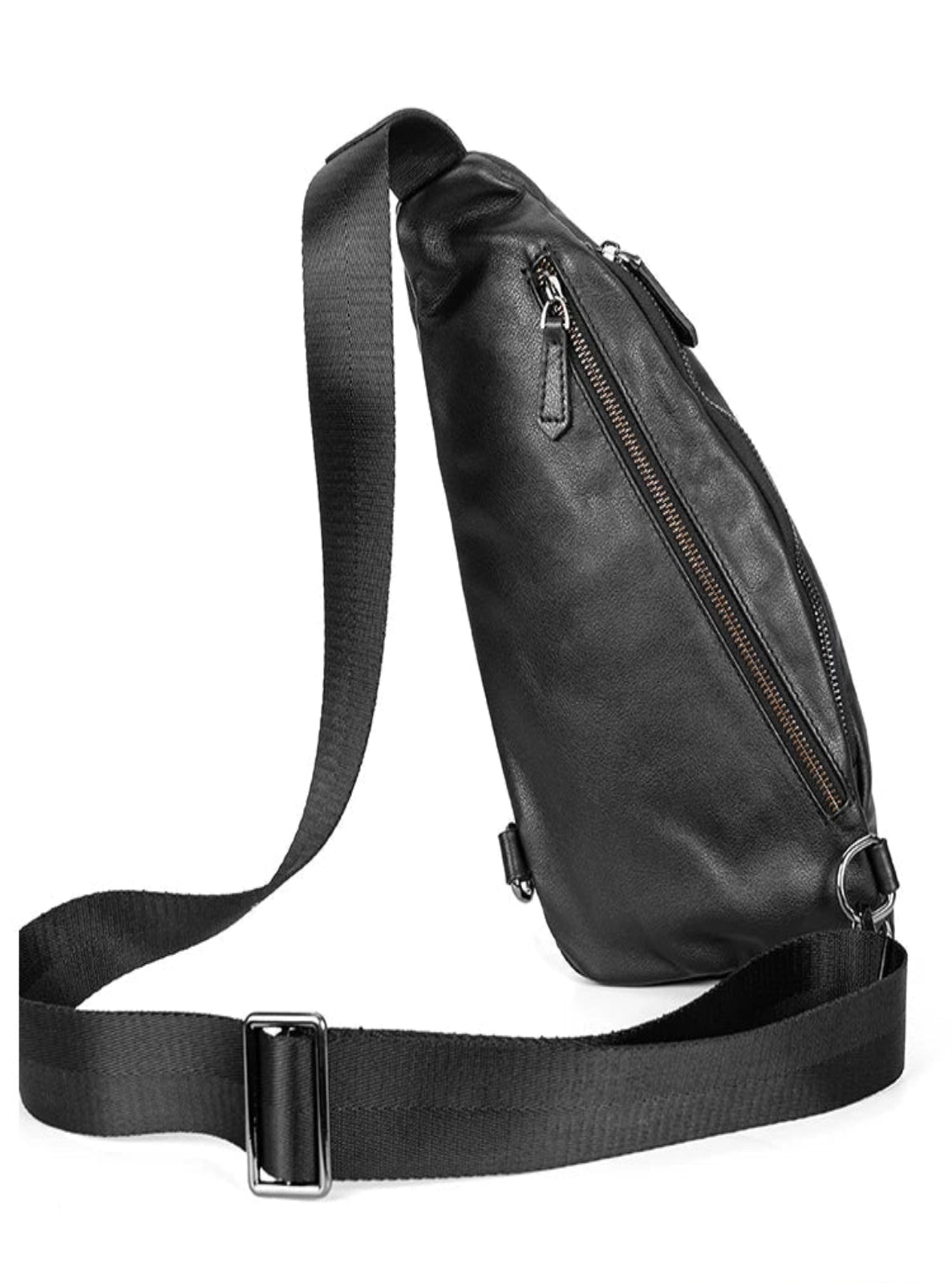 Black leather crossbody bag on a white background