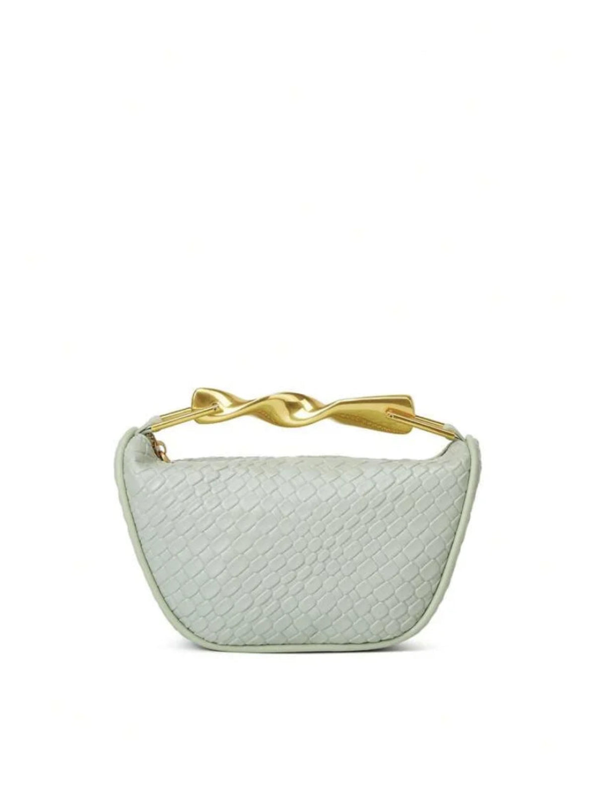 Light green handbag with a gold handle on a white background