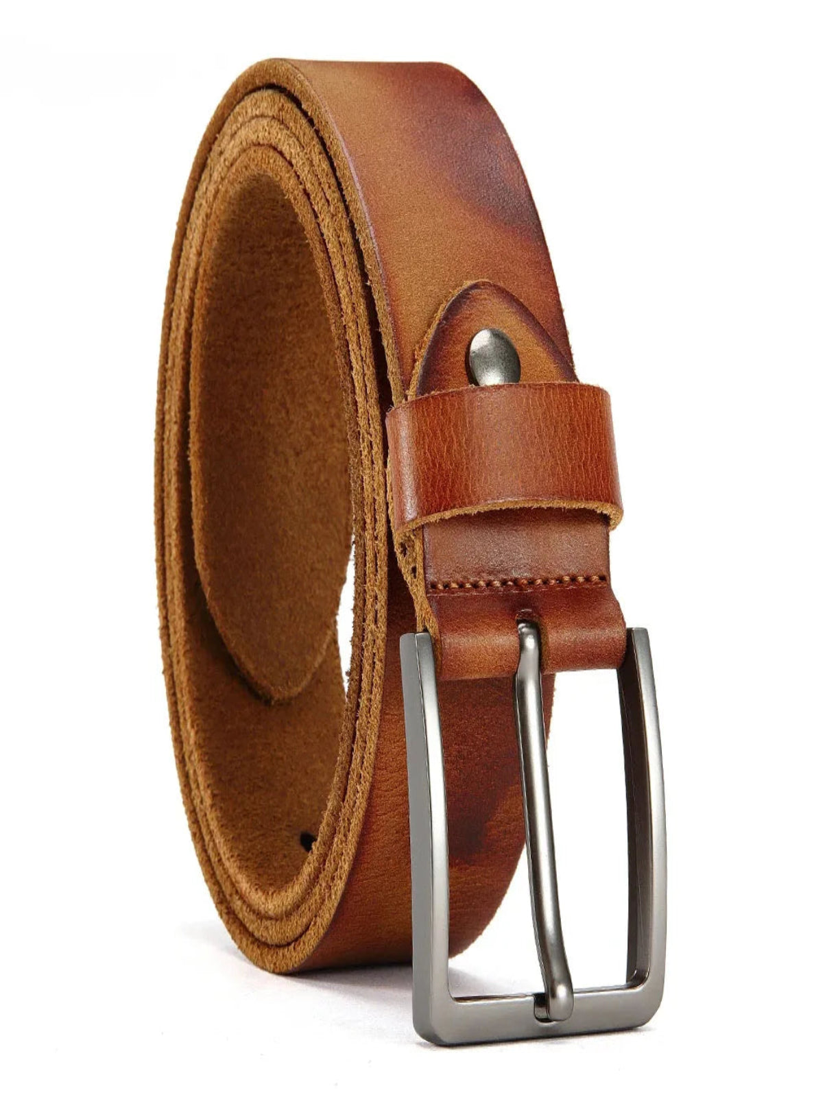 Brown leather belt with a silver buckle on a white background