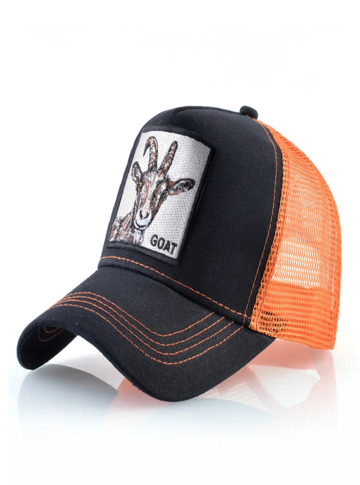 Black and orange cap with a goat patch on a white background